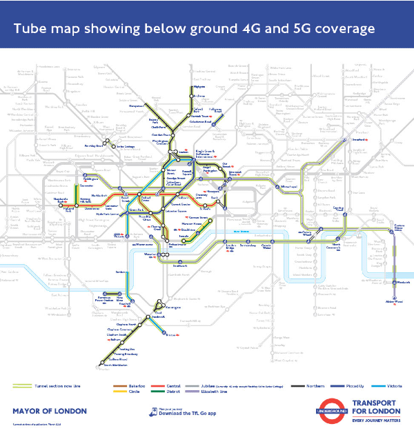 Tube map showing below ground 4g and 5g coverage - march 2026