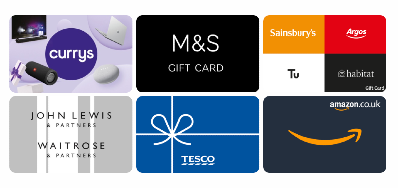 Examples of where you can spend your vodafone voucher - Currys, M&S, Sainsbury's, Argos, Tu, Habitat, John Lewis, Waitrose, Tesco, Amazon.co.uk