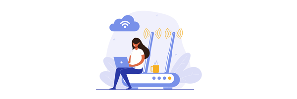 illustration of a person with long hair sitting on a broadband router with a mug of hot drink and a laptop. There is a cloud with a Wi-Fi logo floating above.