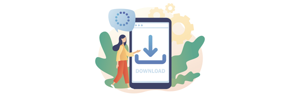 whimsical illustration of a girl standing in front of a large mobile with a download icon