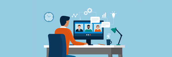 illustration of a person sat at a desk using a computer and taking part in a video call