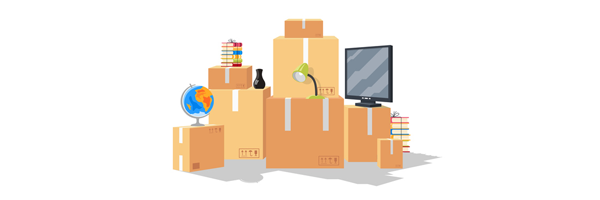 an illustration of boxes for a house move with books, tv, lamp and globe on top of boxes