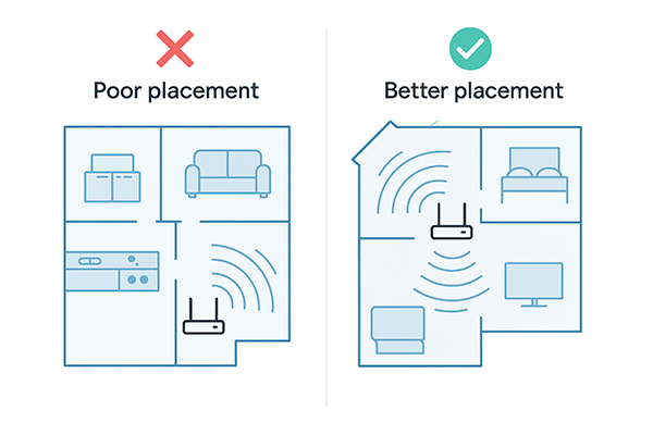 an image showing the ideal position to position a Wi-Fi router (centred in the home) as opposed to a corner of the house