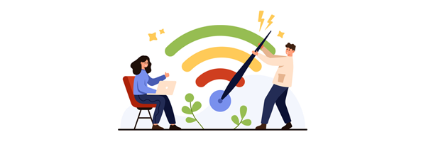 illustration showing two people. One is sat on a chair using a laptop, the other is pulling the gauge on a Wi-Fi symbol to suggest they are making broadband speeds faster