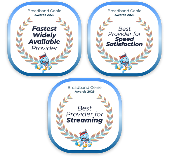 Virgin Media Broadband Genie Awards Logos - Fastest Widely Available Provider, Best Provider for Speed Satisfaction and Best Provider for Streaming