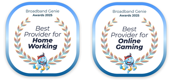 Virgin Media Broadband Genie Awards Logos - Best Provider for Home Working and Best Provider for Online Gaming