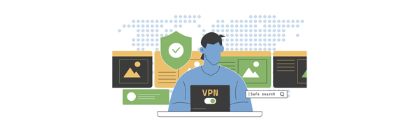 illustration of person in front of a laptop with letters 'VPN'  on the front of it